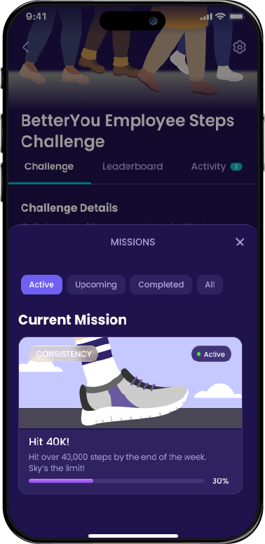 A BetterYou steps challenge with a mission tracking to 30 percent complete